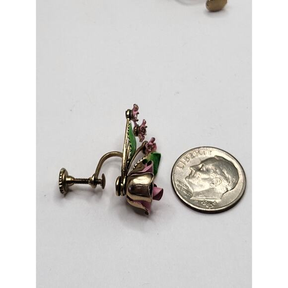 Vintage Enamel Rose Earrings Screw Back Pink Flower Cluster Rhinestone - Picture 5 of 7